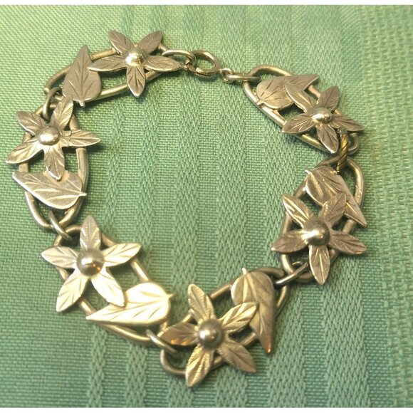 Vintage 1970s Sterling Silver Flower Leaf Bracelet 7” 15g Nature Motif Medium - Picture 4 of 8